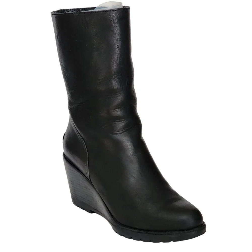 SOREL After Hours Mid Boot Black Leather Wedge Booties Size 8.5